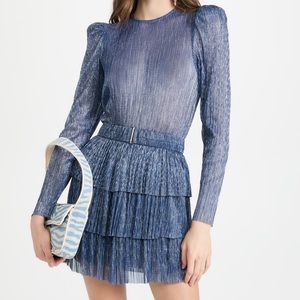 Sabina Musayev Metallic Blue Tiered Pleated Long-Sleeve Mini Dress